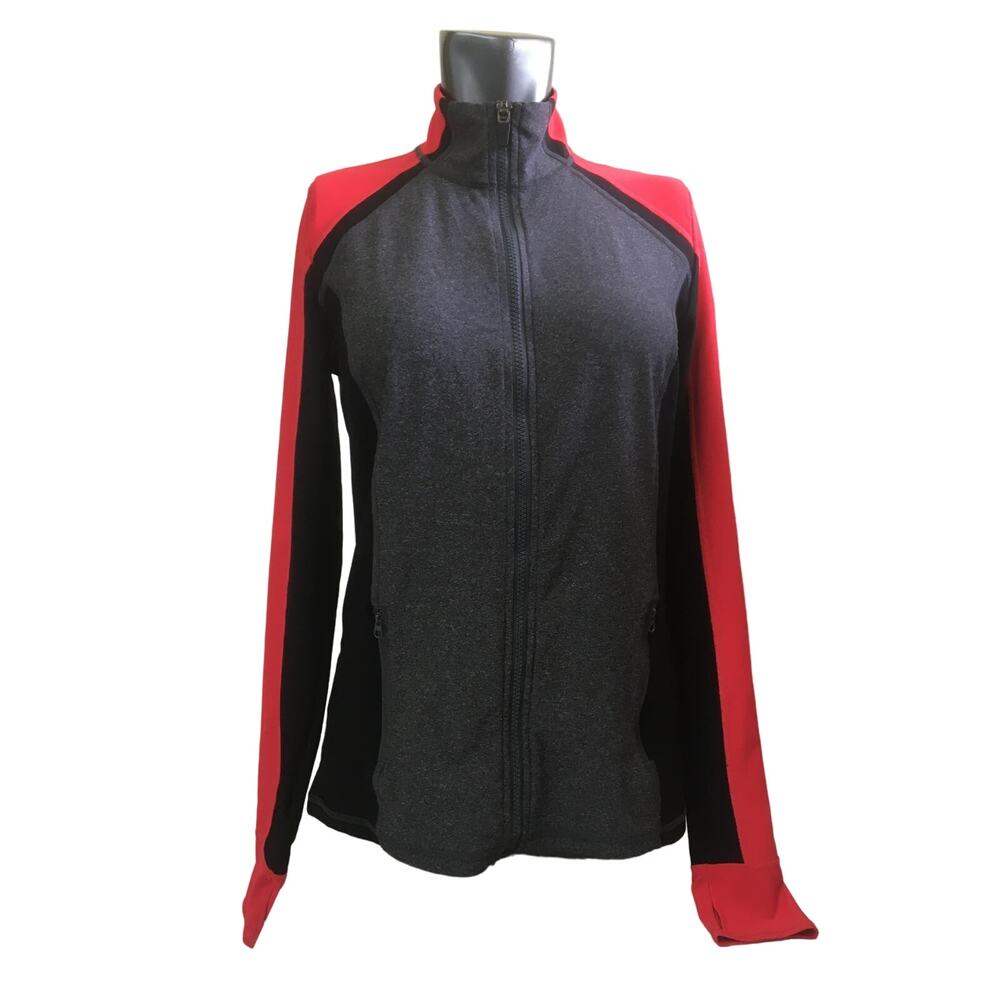 Xersion Small Slim Fit Jacket Full Zip Pockets Thumb Holes Gray Black and Coral